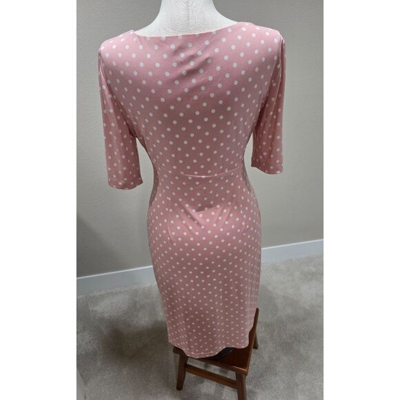 Pink & White Polka Dot Dress With Ruched Waist & Half Sleeves By Connected Appar - Picture 4 of 6